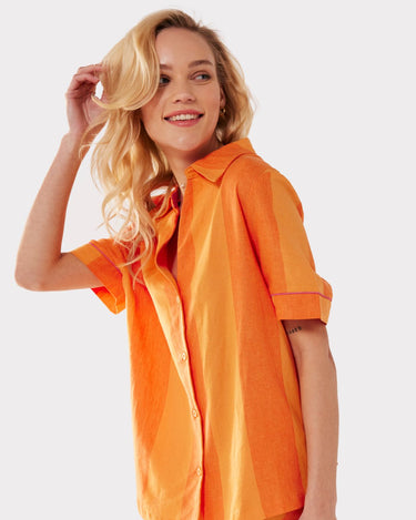 Linen-Mix Orange Tonal Stripe Print V-neck Button Up Short Pyjama Set